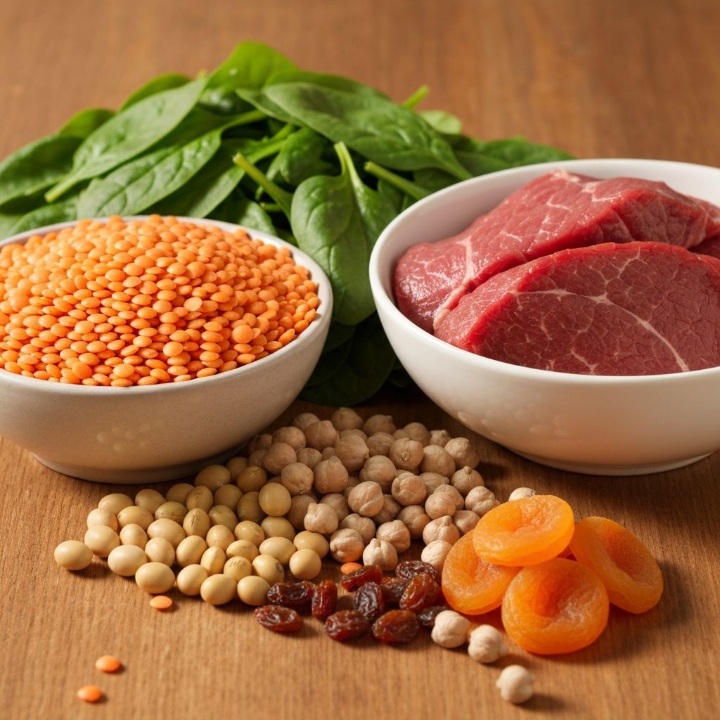 Iron-rich foods including spinach, lentils, and red meat